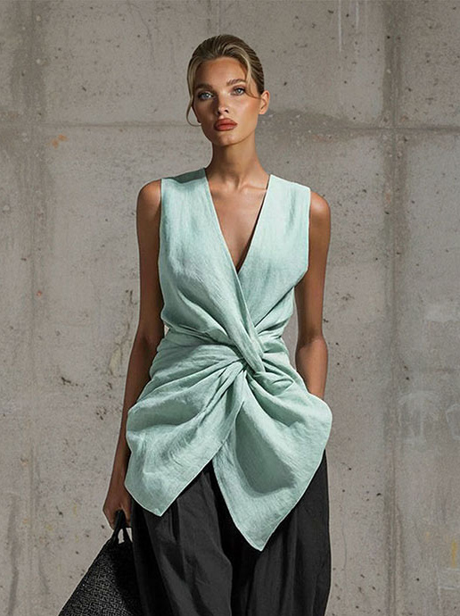 Casual Twist Front V-Neck Top & Pants Two-Piece Set