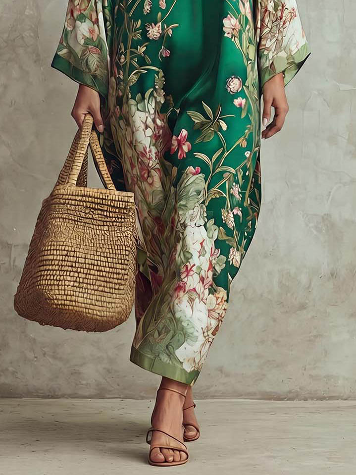 Elegant Floral Print Batwing Sleeve Maxi Dress