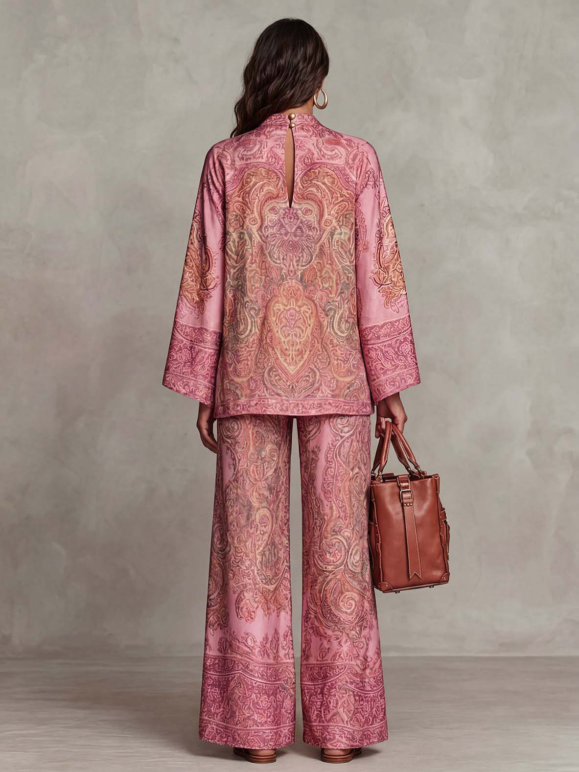 Elegant Satin Paisley Print Batwing Sleeve Two-Piece Set