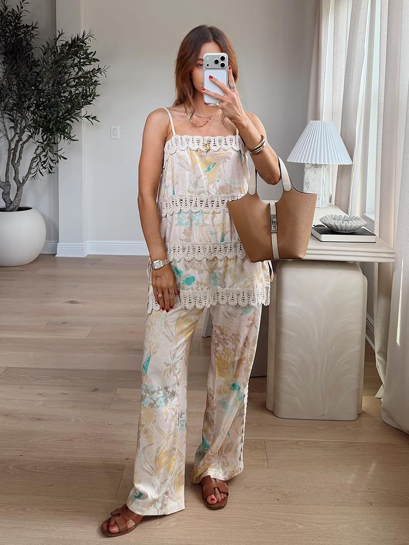 Elegant Lace Trim Printed Cami & Wide-Leg Pants Set