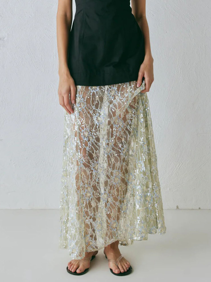 Exquisite Iridescent Lace Sheer Maxi Skirt