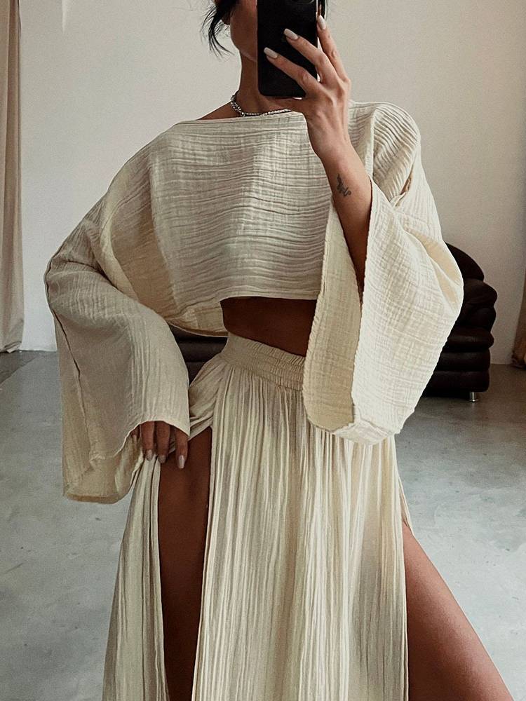 Loose Top and Slit Wide Leg Pants Set