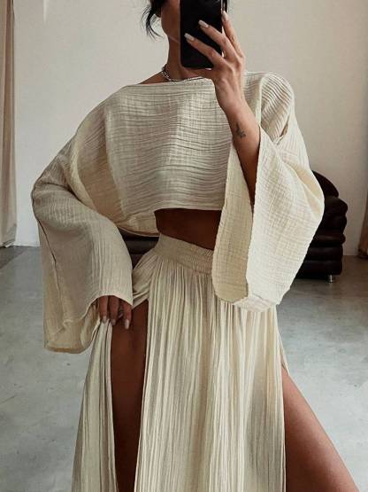 Loose Top and Slit Wide Leg Pants Set