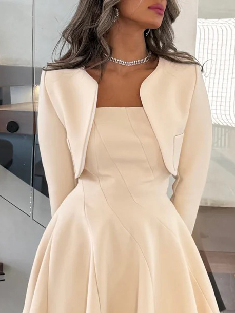 Elegant Long-sleeved Cropped Blazer And Midi Dress Set
