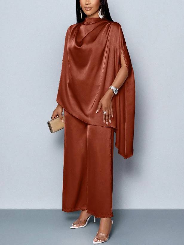 Swing Collar Irregular Hem Shirt And Wide Leg Pants Suit