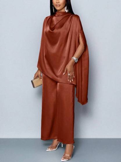 Swing Collar Irregular Hem Shirt And Wide Leg Pants Suit