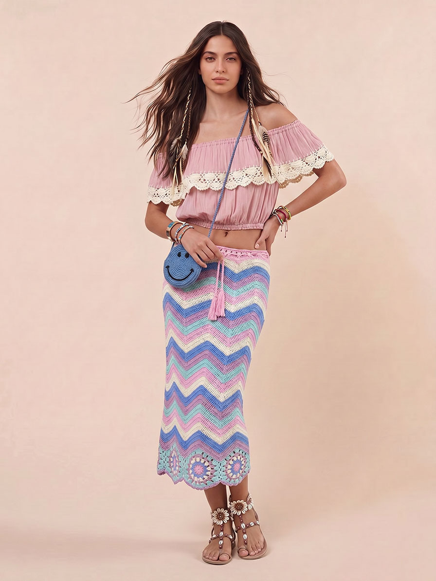 Bohemian Ruffle Crop Top & Crochet Herringbone Skirt Two-Piece Set