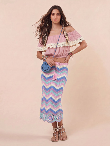 Bohemian Ruffle Crop Top & Crochet Herringbone Skirt Two-Piece Set