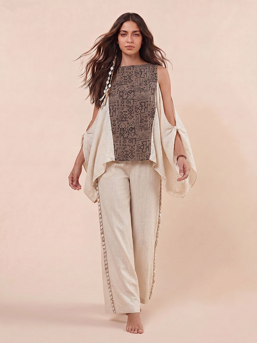 Bohemian Shell Trim Wide-Leg Pants Two-Piece Set