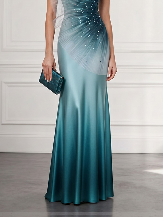 Elegant Gradient One-Shoulder Tulle  Satin Maxi Dress
