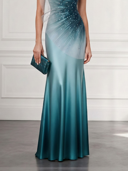 Elegant Gradient One-Shoulder Tulle  Satin Maxi Dress