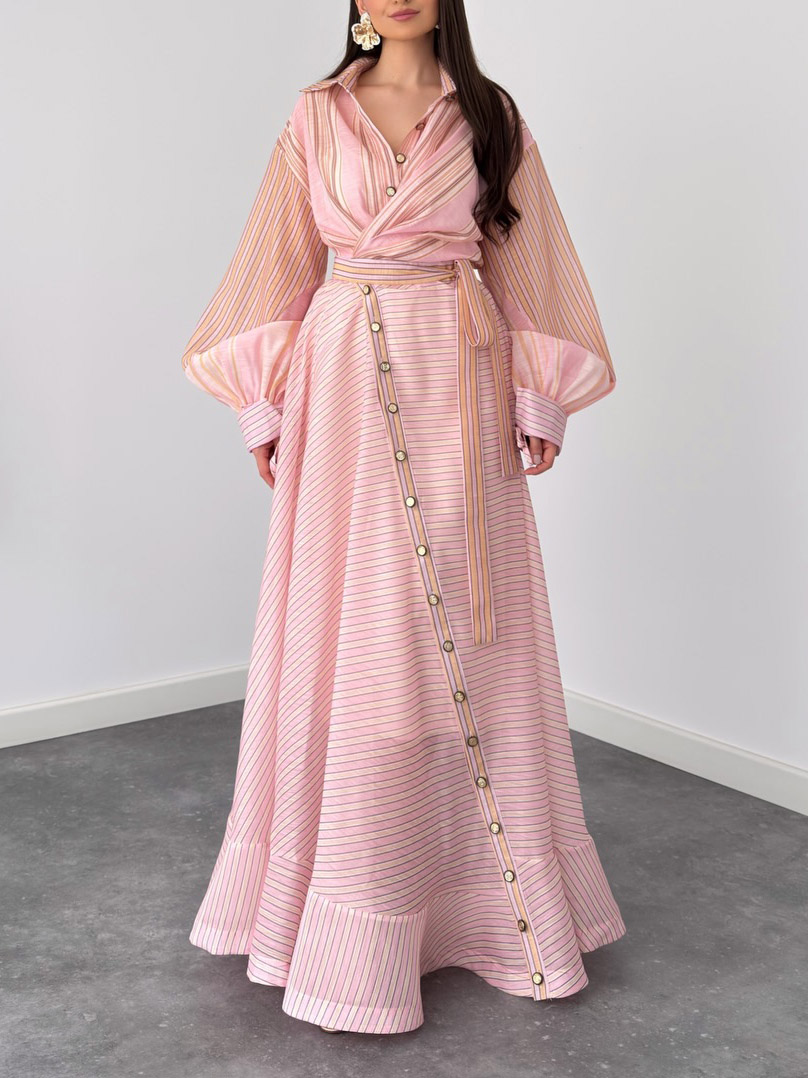 Elegant Striped Wrap Shirt Maxi Dress