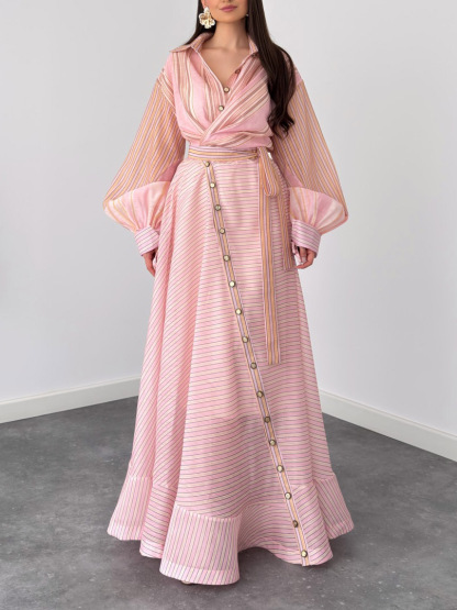 Elegant Striped Wrap Shirt Maxi Dress