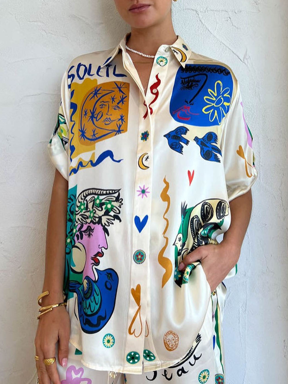 Casual Graffiti Printing Loose Satin Set