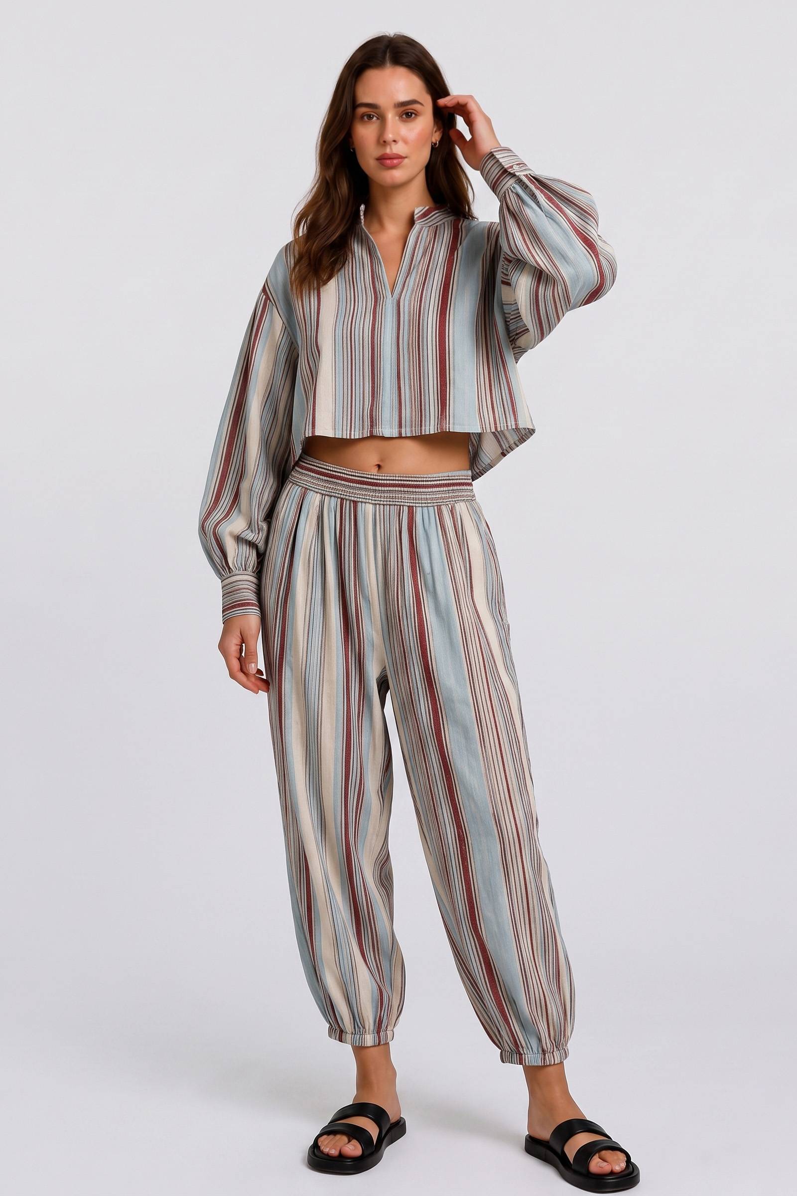 Puff Sleeve Top Leg Wide Leg Pants Retro Vertical Stripe Holiday Style Set