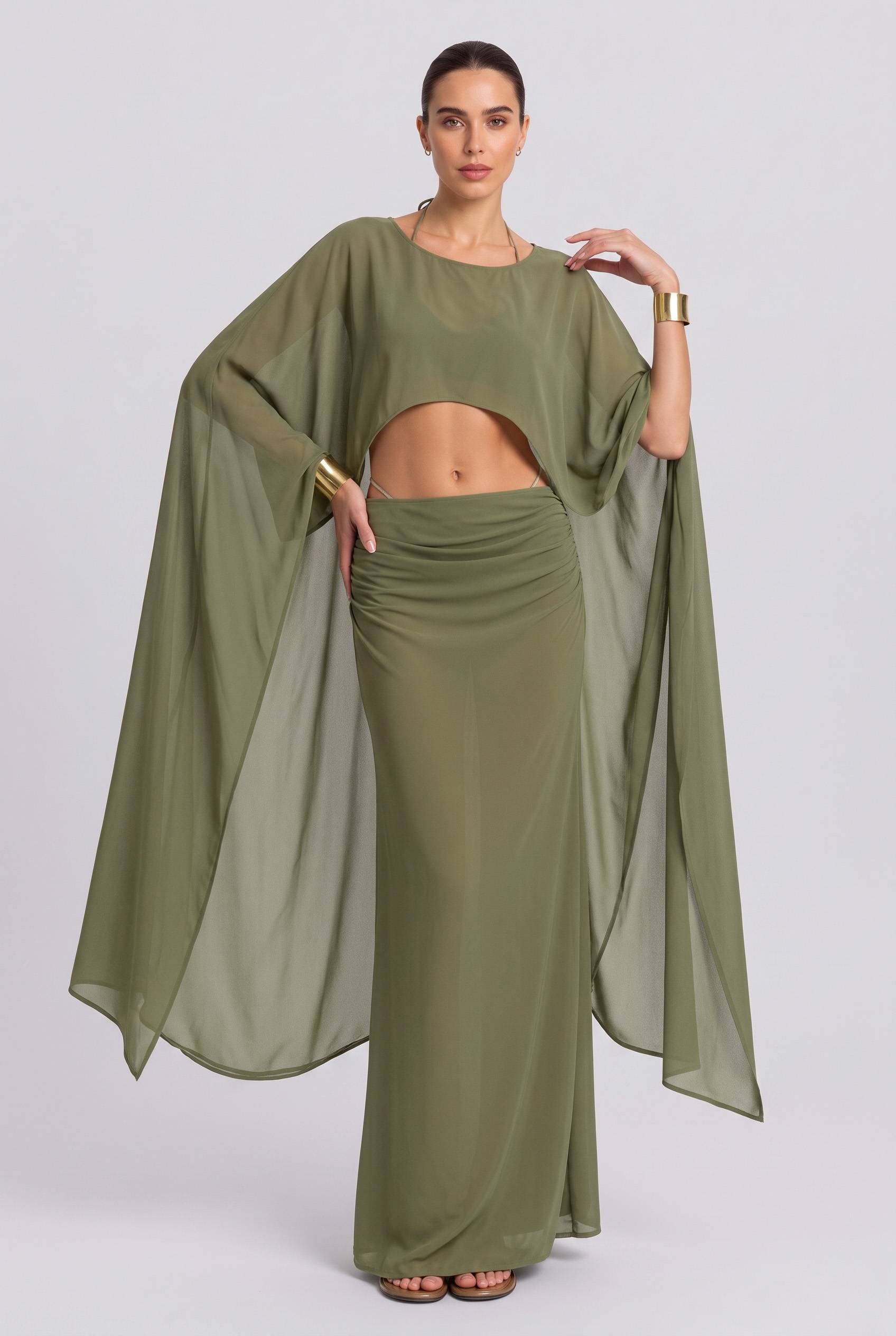 Long Sleeve Top & Pleated Long Skirt Set-Bohemian Beach Vacation Suit
