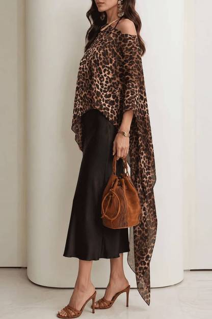 Leopard-Print Draping Poncho Satin Dress Set
