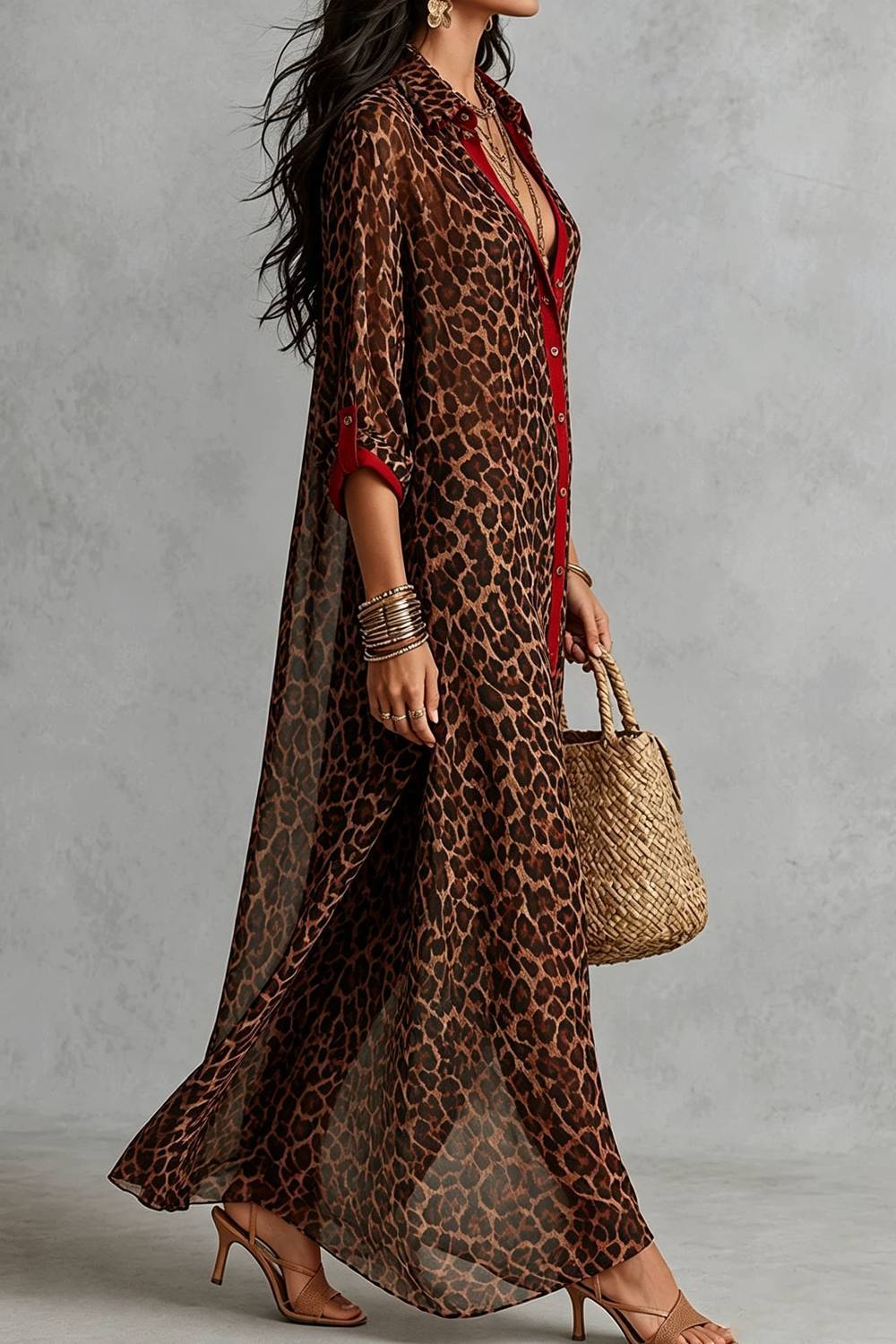 Vintage Leopard Print Contrast Shirt Long Dress