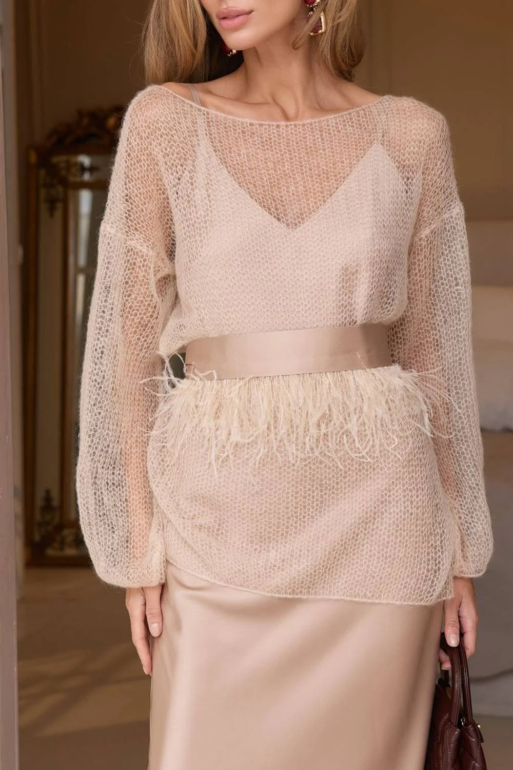 Champagne Open Knit Sweater and Satin Midi Skirt Two Piece Set with Feather Belt