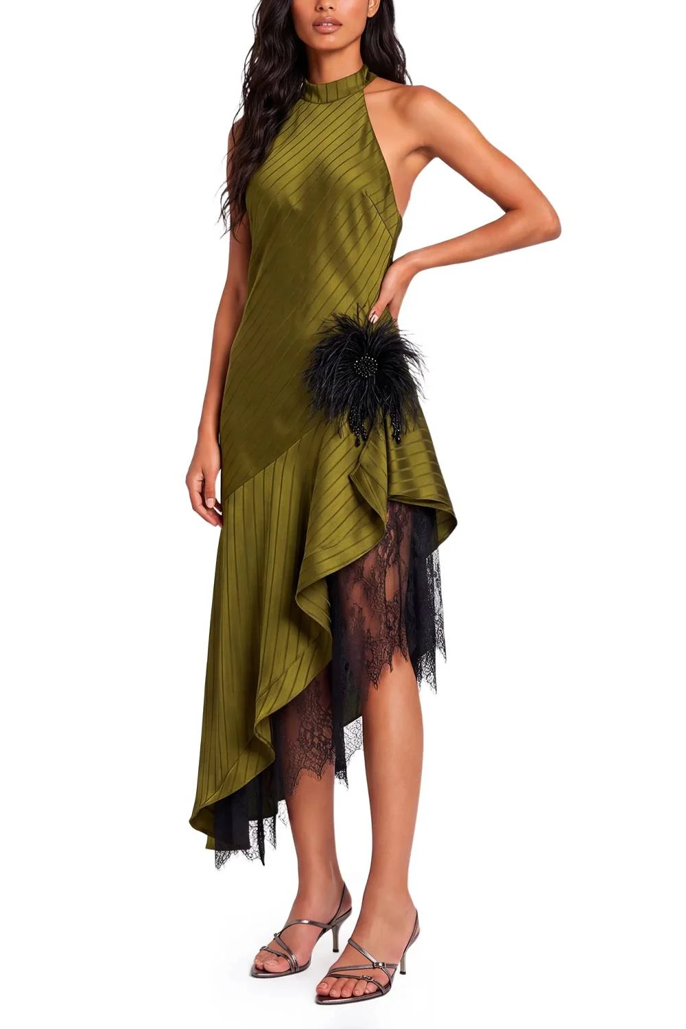 Olive Green Striped Satin Halter Maxi Dress with Feather and Lace Trim