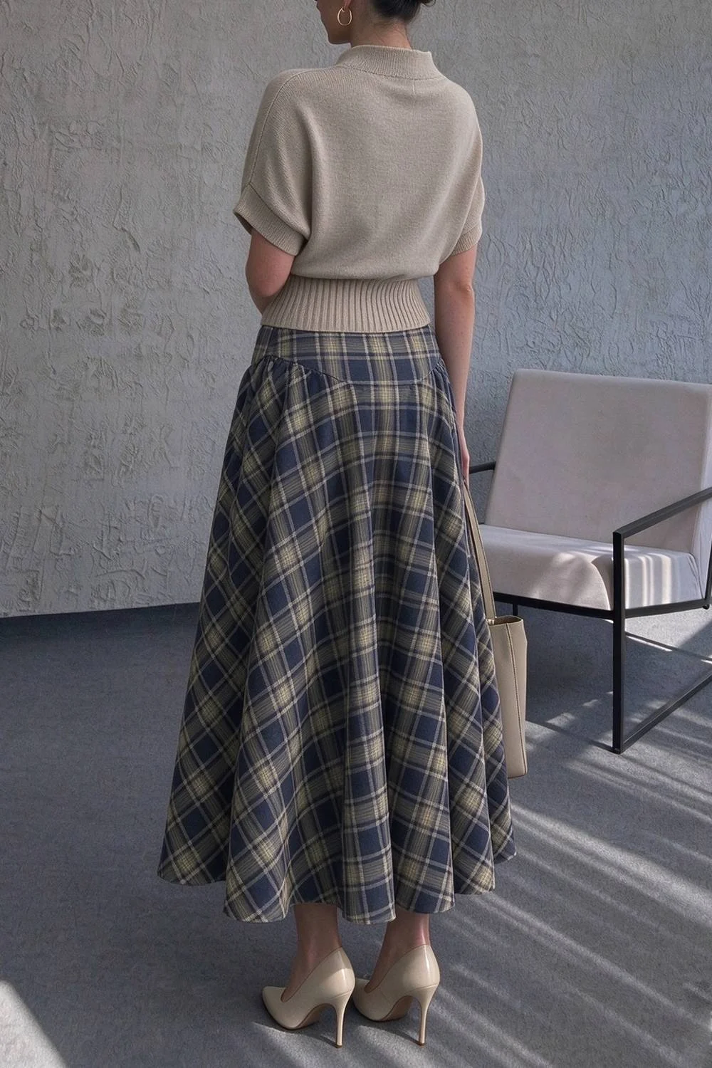 Short Sleeve Mock Neck Knit Top and High Waist Plaid Flared Skirt Two Piece Set