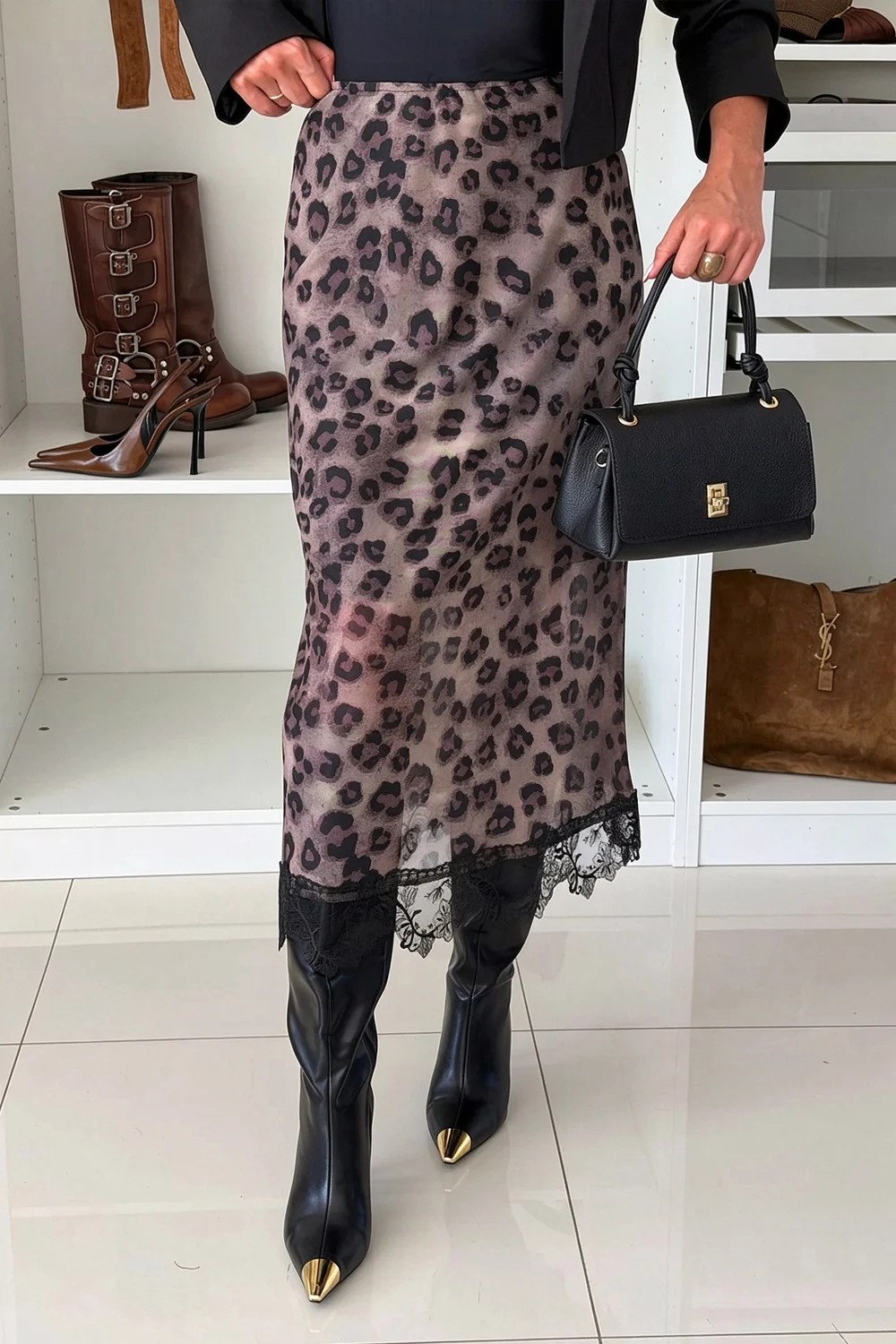 Women's Cropped Blazer and Leopard Print Lace Hem Midi Skirt Two Piece Set
