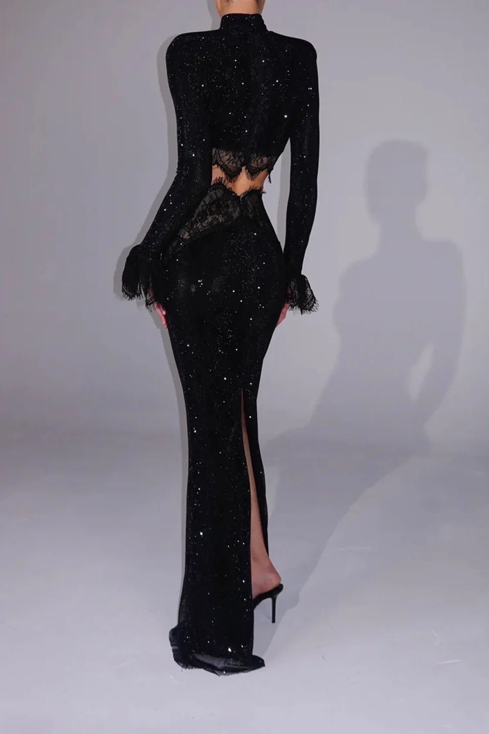 Black Sparkle Long Sleeve Crop Top and Maxi Skirt Two Piece Set