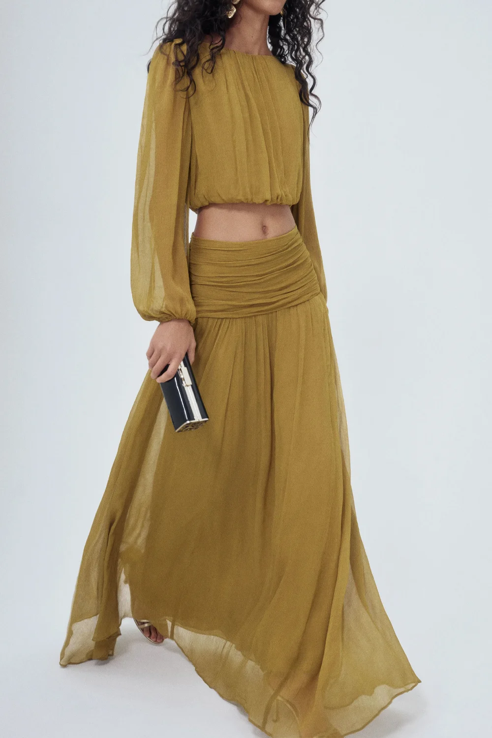 Olive Green Chiffon Long Sleeve Crop Top and Ruched Maxi Skirt Two Piece Set