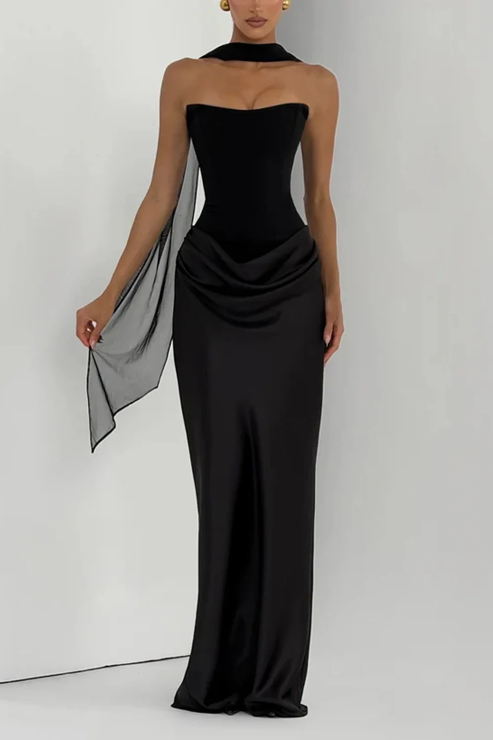 Strapless Corset Draped Satin Maxi Dress with Chiffon Neck Scarf