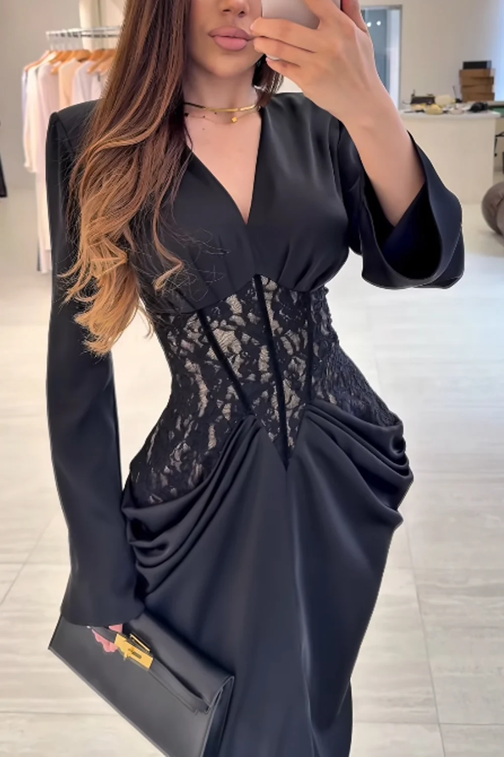 Black V-Neck Long Sleeve Lace Corset Draped Slit Maxi Dress
