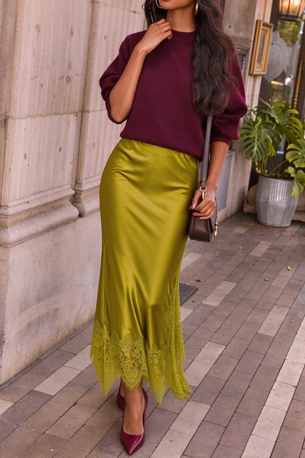 Burgundy Long Sleeve Sweatshirt and Olive Satin Lace Trim Midi Skirt Two Piece Set [erp-image:e5f9284f0a4cd449d89abfb9]