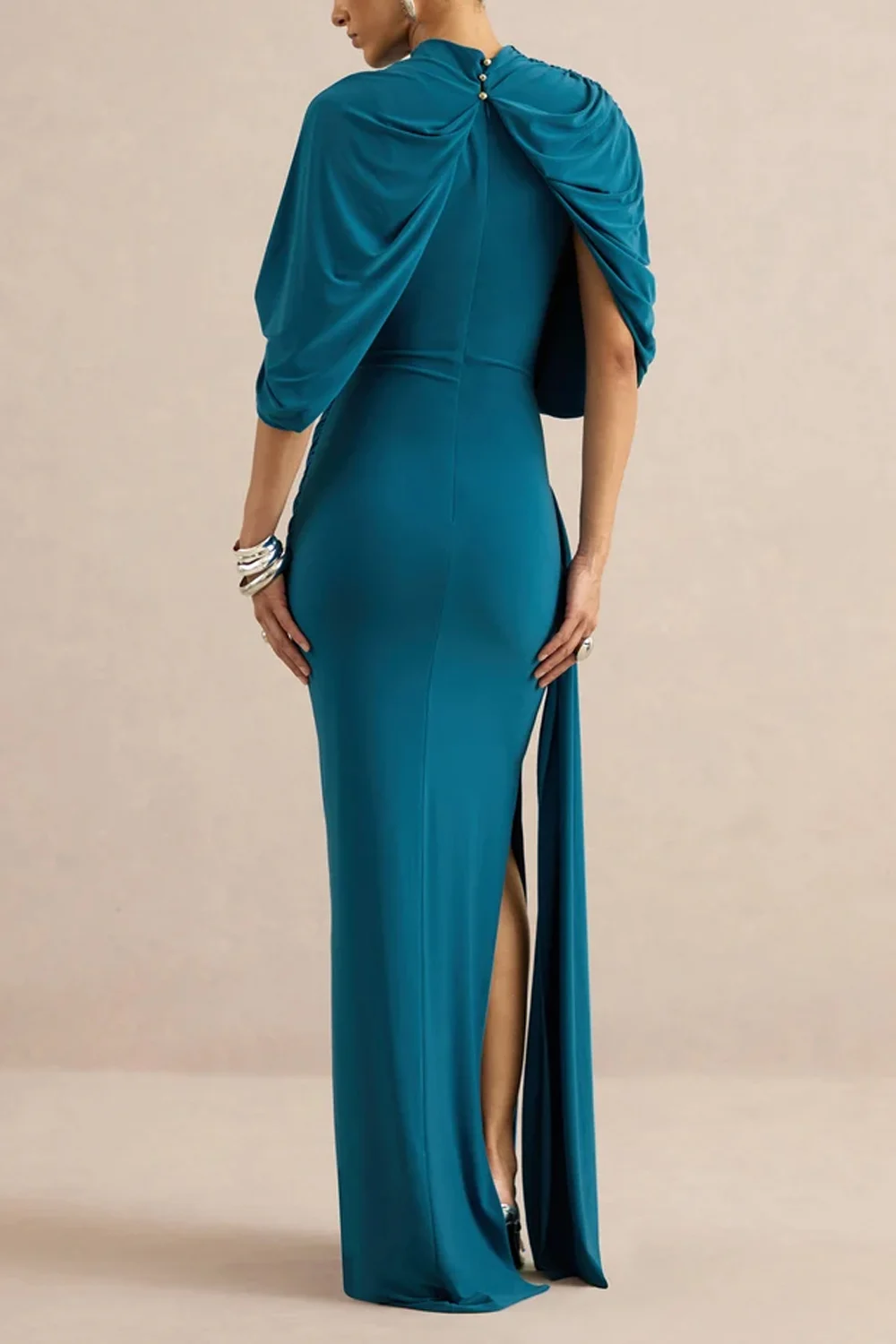 High Neck Draped Cape Asymmetric Ruched Maxi Dress with Slit [erp-image:87b026b1e92aa284502383c9]