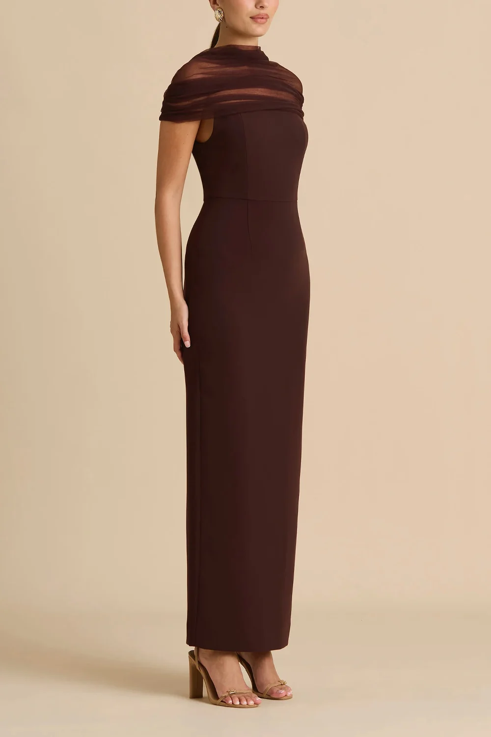 Chocolate Brown Mesh Draped Off the Shoulder Sleeveless Column Maxi Dress [erp-image:bd365e08de666549dc96e45c]