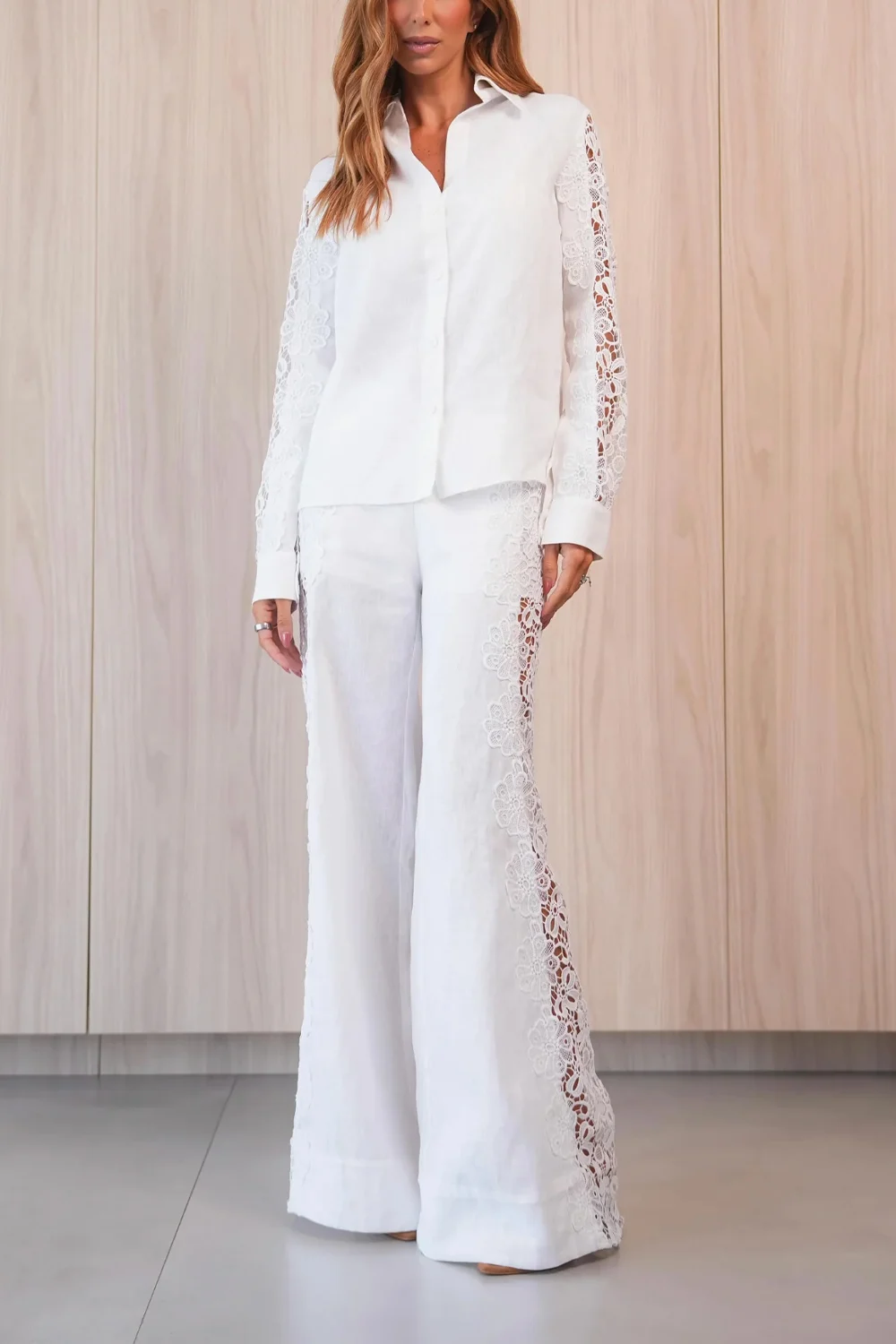 White Lace Panel Long Sleeve Shirt and Wide Leg Pants Two Piece Set [erp-image:45c985c6bbaa00b060d147fd]
