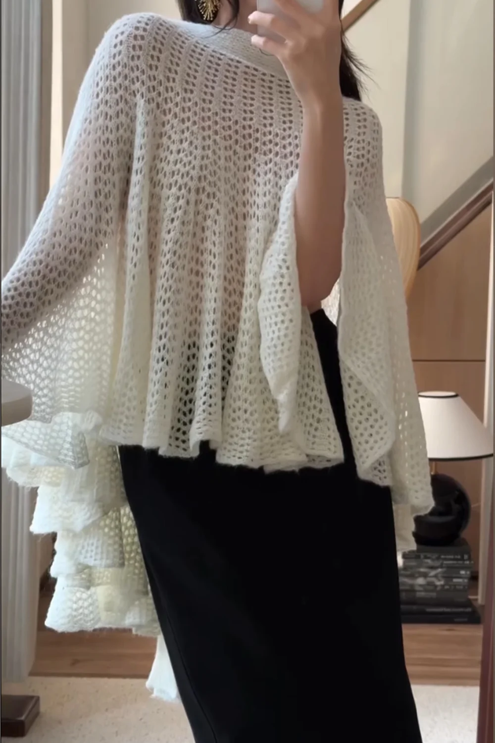 Women's Open Knit Cape Top Flowing Asymmetric Hem Flared Poncho Blouse [erp-image:904c7a67e90a320c3f7365ea]