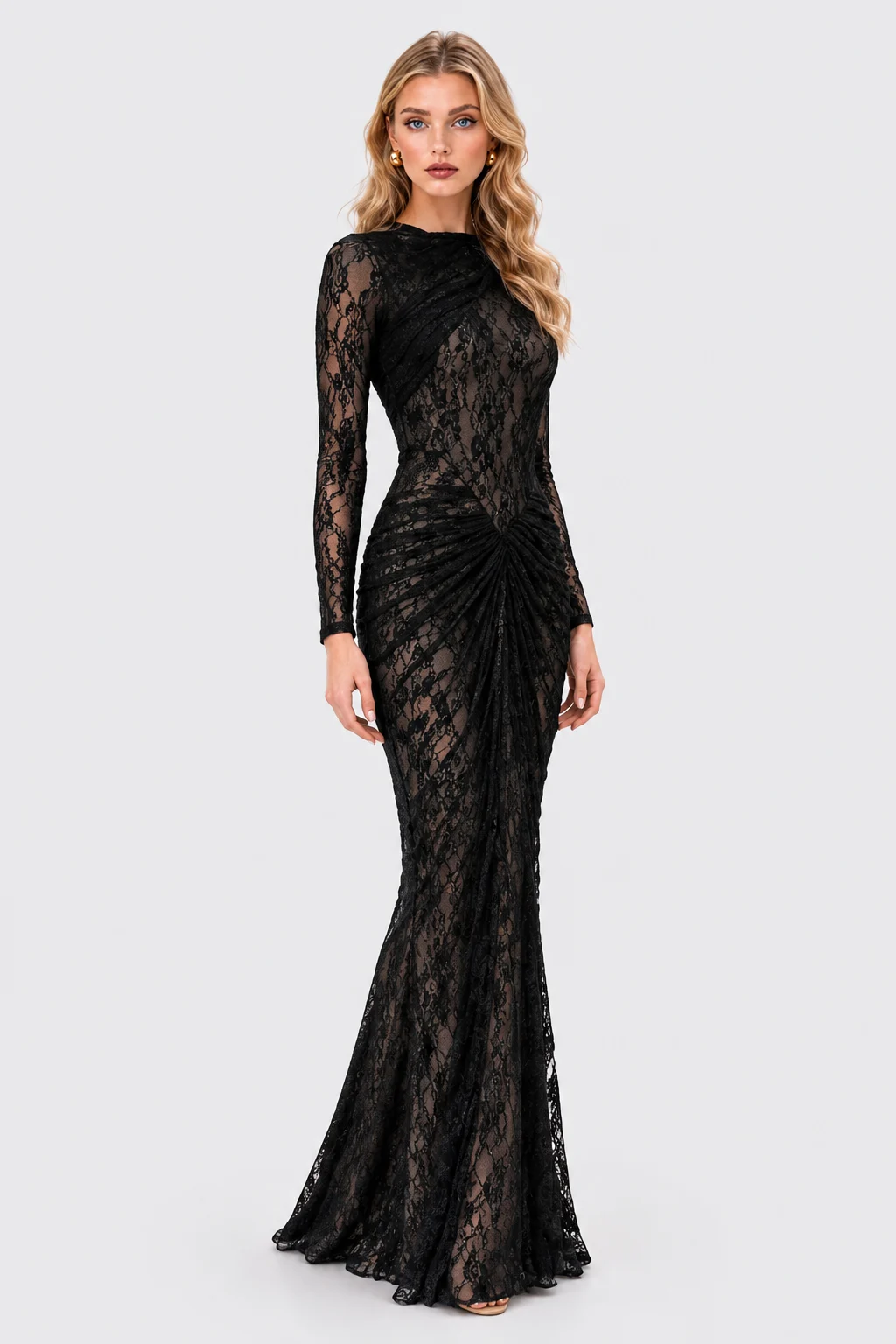 Black Lace Long Sleeve Mock Neck Ruched Draped Maxi Dress