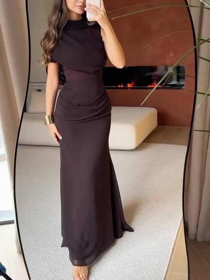 Pleated Slim-Fit Fishtail Maxi Dress