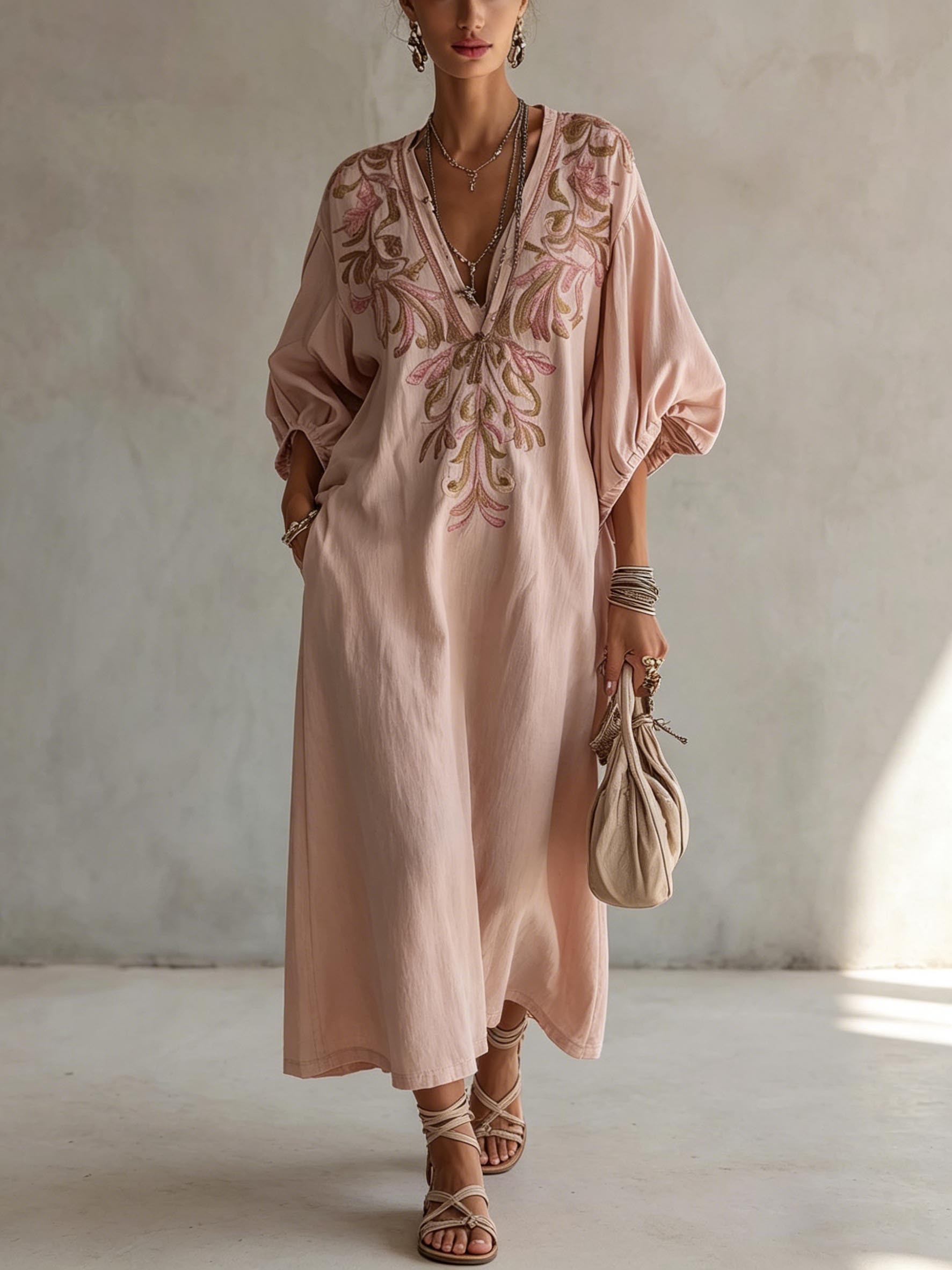 Elegant Embroidered V-Neck Batwing Sleeve Maxi Dress