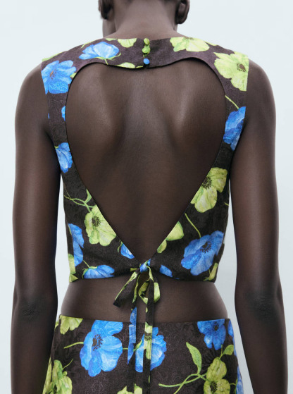 Floral-Print Open-Back Cropped Blouse