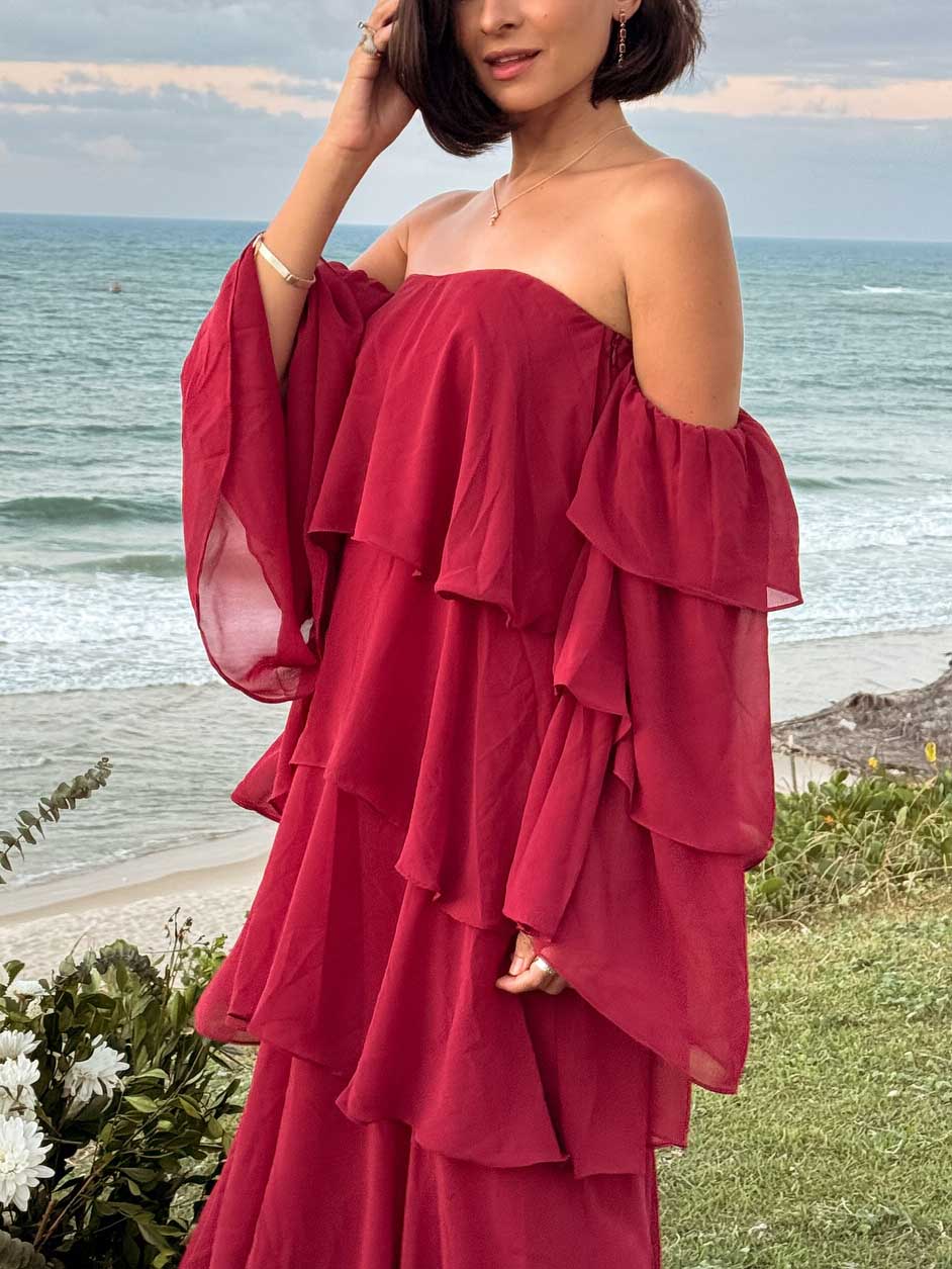 Elegant Off-Shoulder Layered Ruffle Maxi Dress