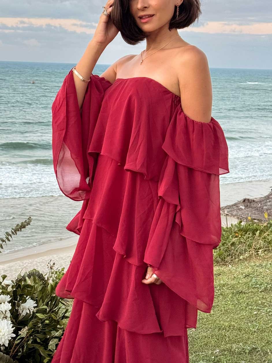 Elegant Off-Shoulder Layered Ruffle Maxi Dress