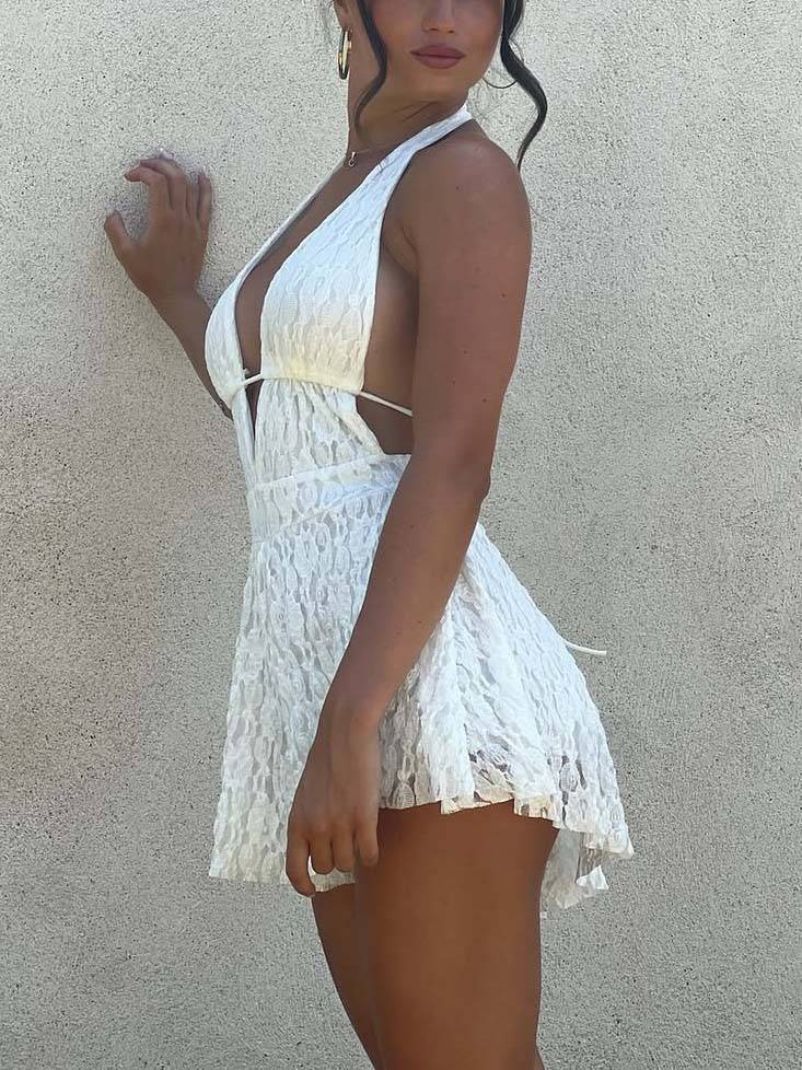 Deep V-Backless Lace Mini Jumpsuit