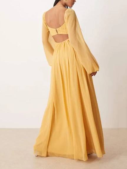 Vintage Square Collar Hollow Design Long Sleeve Maxi Dress