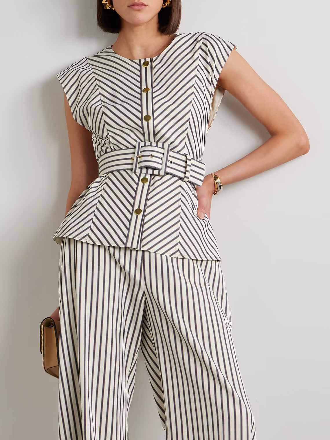 Elegant Striped Print Belted Top