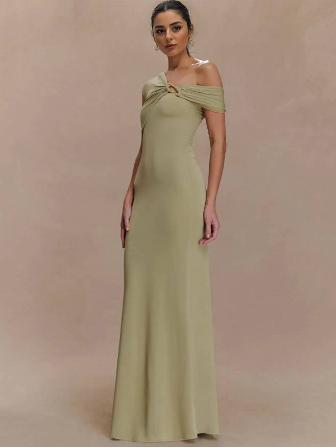 Off-shoulder Asymmetric Design Slim-fit Maxi Dress