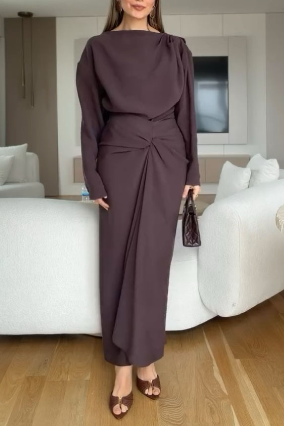 Boat Neck Pleated Slim Fit Maxi Dress