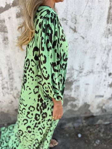 Leopard Print V-neck Pullover Long-sleeved Loose Dress