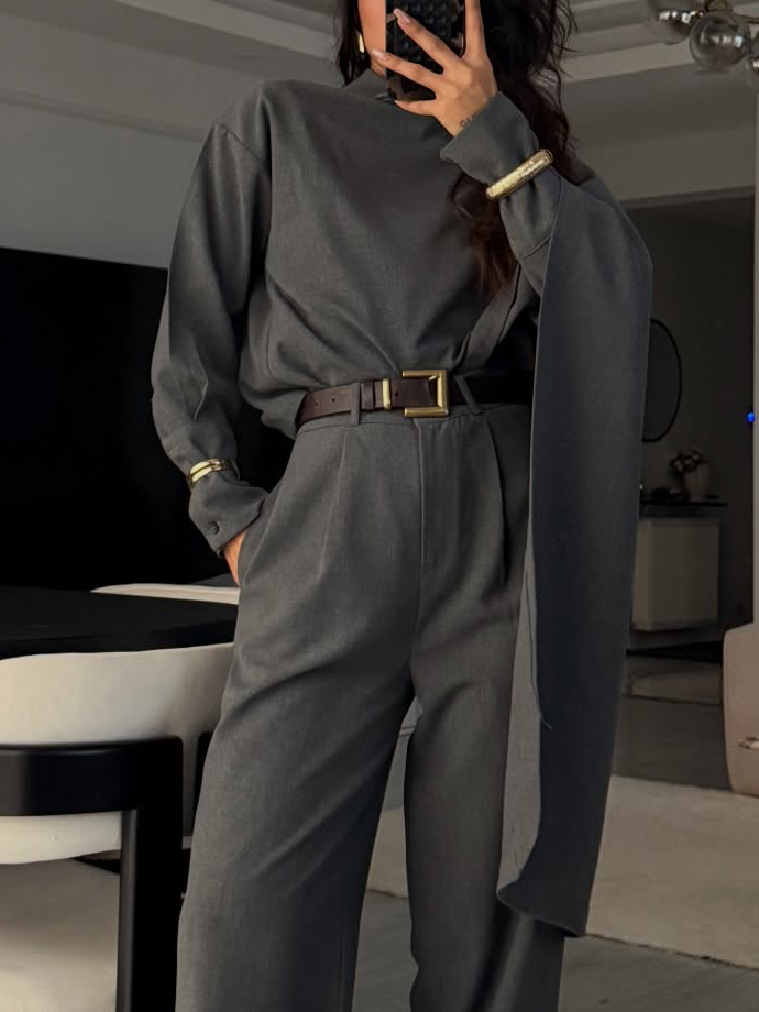 Elegant Draped Shawl Shirt & Wide-Leg Pants Two-Piece Set