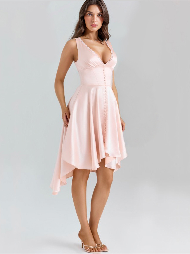 Deep V Irregular Hem Midi Dress
