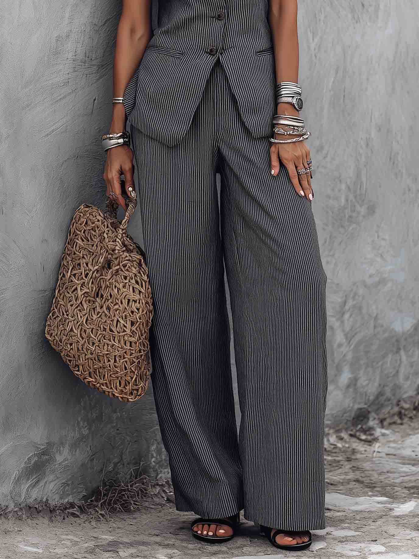 Minimalist Slim Fit Striped Vest Two-Piece Set